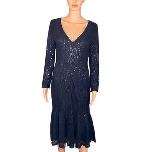 Vintage Black Sequin Evening Gown Black Tie Party Med Long Sleeve V Neck Elegant